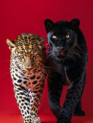 Canvas Print - A Leopard and a Black Panther Stand Side-by-Side Against a Red Background