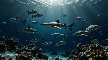 Wall Mural - Sharks Swimming in a Vibrant Coral Reef