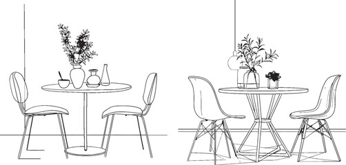 Aufkleber - Modern illustration of a dining table and chairs in continuous line art style. Black linear sketch of dining room furniture isolated on white.