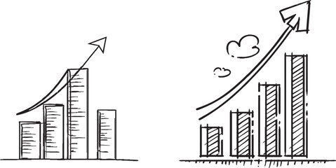 Line drawing of a graph business icon. Arrow up. Bar chart. Single line art. Objects one line.