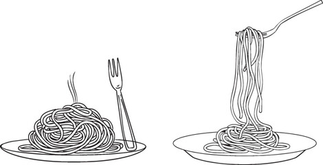 Poster - Single line illustration of pasta spaghetti noodles with forks isolated on white background.