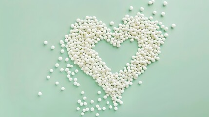 Poster - An artistic heart-shaped creation made of small white beads on a soft green background.


