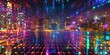 © tynza - Abstract background with a grid and glowing lines and dots, night cityscape, bright lights.
