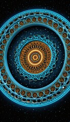 Wall Mural - Ornate Blue and Gold Circular Design with Spiral Sunburst at Center