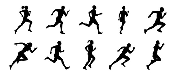 run. running men and women, vector set of isolated silhouettes