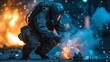 © Vladan - A determined bomb disposal expert carefully examines an explosive device amidst smoke and flames, showcasing bravery in high-stakes situations.