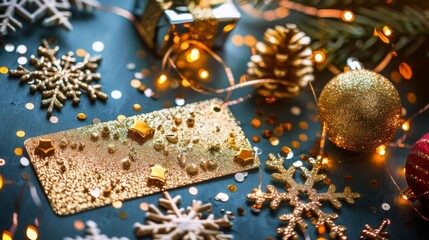 A festive Christmas background with gold ornaments, snowflakes, and a gift tag on a dark blue surface.