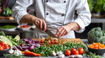 Chef Expertly Chopping Fresh Vegetables on Cutting Board in Kitchen Studio, Culinary Skills Concept on White Background