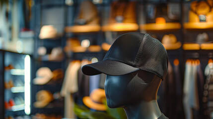 Wall Mural - mock up of black trucker hat in store, displayed on mannequin, store background with accessories rack, Ai generated Images