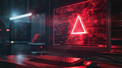 A glowing red triangle on a computer screen in a dark room with neon lights.