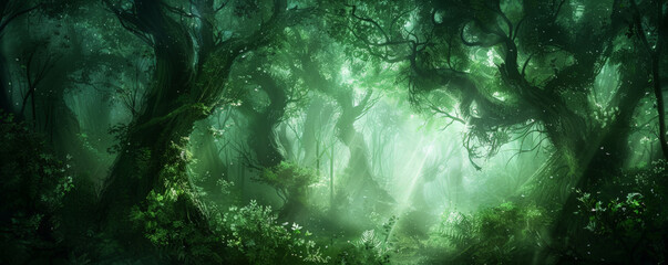 Wall Mural - a mystical forest backdrop with tall, ancient trees and a soft, ethereal light filtering through the