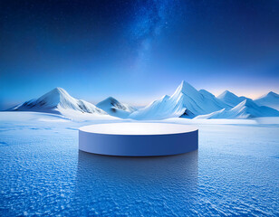 Wall Mural -  Ice Podium in Winter Scene- A podium set on a frozen landscape with icy mountains and snow,_1(273)