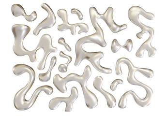 Wall Mural - Chrome liquid silver shapes isolated. Realistic metal droplets. Glossy bubbles or blots, platinum fluid with reflective surface PNG
