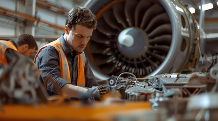 Aerospace Engineers Inspecting and Analyzing Jet Engine Components