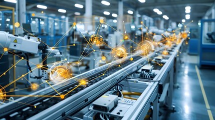 Aufkleber - Smart Automated Factory with Interconnected Mesh Lines Representing Machine Communication