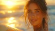 © Tor Gilje - Young woman with freckles enjoys the sunset on the beach, radiating joy and serenity with the golden light enhancing her natural beauty.