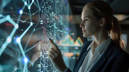 Leinwandbilder - Businesswoman Analyzing Corporate Data on Transparent Digital Dashboard