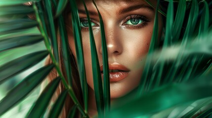 beautiful woman in tropical leaves generative ai