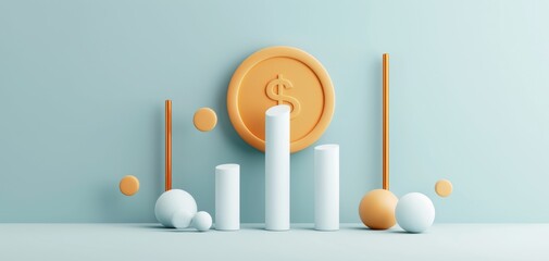 Poster - Featuring a cartoon style with a minimalistic design, this 3D icon of a gold coin and candlestick chart is set against a blue background and shown in an isometric view.