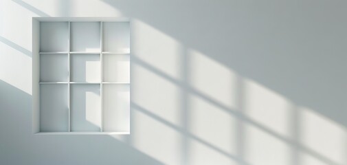 Poster - 3D rendering of a white wall with window shadows, designed as a background for product presentations or mockup templates, showcasing a concept focused on light and shadow.