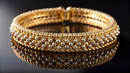 gold bracelet, close view ideal for wedding isolated on black background. Gold jewelry stock photo.