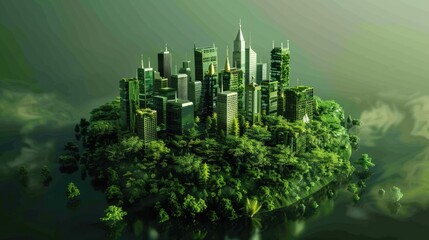 Abstract 3D green city with nature elements, symbolizing sustainable urban living