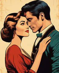 Wall Mural - Retro cartoon style beautiful young couple in love against orange background