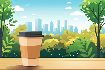 Bright illustration of a stylish reusable coffee cup in a scenic park