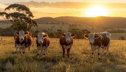 Wall Mural - Cows grazing in paddock in golden afternoon 