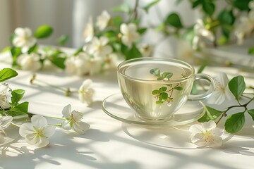 A Cup of green tea and white Jasmine flowers.Jasmine flowers in vase and two glass cups of green tea