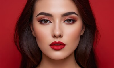  close-up of a woman's face with red lipstick and makeup, against a red background.
