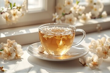 A Cup of green tea and white Jasmine flowers.Jasmine flowers in vase and two glass cups of green tea