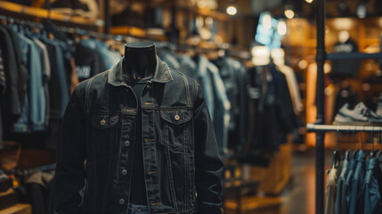 Canvas Print - Mock up denim jacket displayed on mannequin, shop background with clothing racks, Ai generated Images