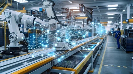 Aufkleber - Automated Smart Factory with Mesh Lines Visualizing Machine Connectivity and Communication