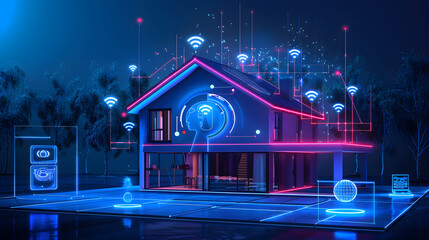 Wall Mural - Smart home with neon lights and futuristic technology interface.