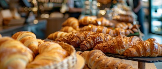 Freshly baked croissants and pastries on display in a bakery.