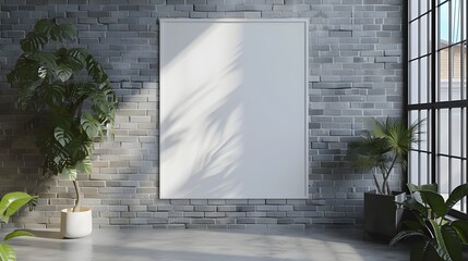 a blank white poster mockup on a grey brick wall in a living room 