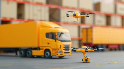 Two yellow drones flying near a bright yellow truck in a busy warehouse environment, showcasing modern logistics technology.