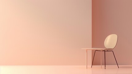 A white chair with black legs sits next to a small white table, both against a peach-colored wall. Generative AI