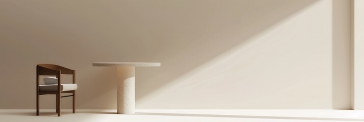 Poster - A single chair and a round table are in a bright, minimal white room with a large window and natural light. Generative AI