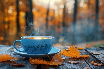 Wall Mural - Glass cup of tea on wooden table and blurred nature background