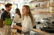 © QuietWord - woman working as coffee shop staff smiling with customer, People at work happy smiling friendly atmosphere, urban culture beautiful life, diversity and unity