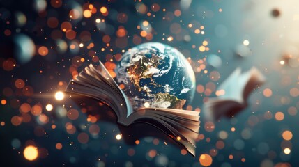 Wall Mural - An imaginative illustration featuring books floating around a glowing globe, symbolizing the spread of knowledge across continents and cultures.