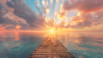 Wall Mural - Serene wooden boardwalk extending over the ocean heading towards a glorious sunset framed by billowing clouds  The sky is painted with vibrant shades of orange pink and blue