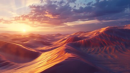 Wall Mural - A peaceful and serene desert landscape at sunset, with sand dunes casting long shadows.