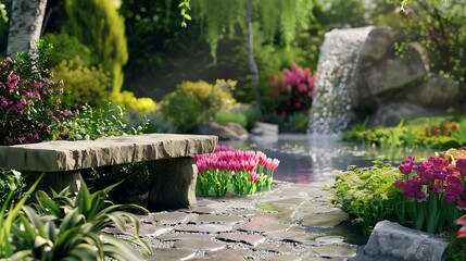 Wall Mural - A peaceful garden with a stone bench, colorful flowers, and a trickling water feature.