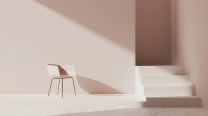 Poster - A white chair with metal legs sits in a white and pink room, illuminated by natural light. A set of white stairs leads up to a doorway, suggesting an open space beyond. Generative AI