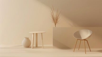 Poster - Minimalist interior with white chair, wooden table, and dried grass vase on a light beige floor. Generative AI