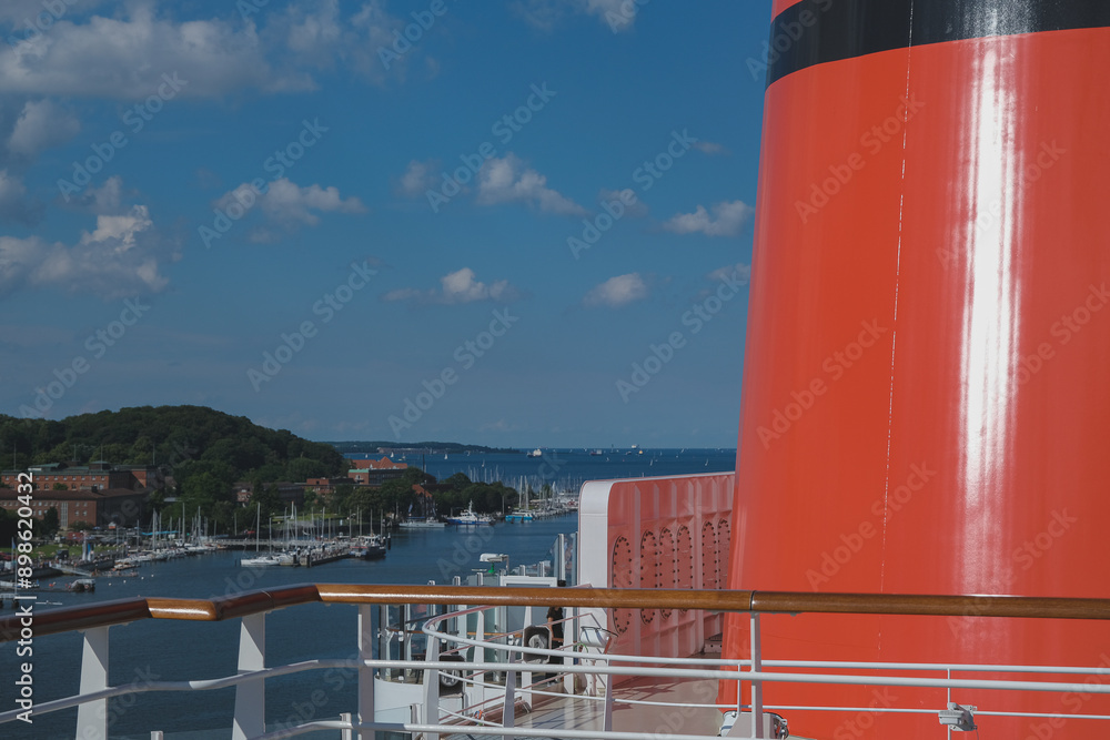 Red and black funnel smoke stack of legendary luxury ocean liner cruise ...