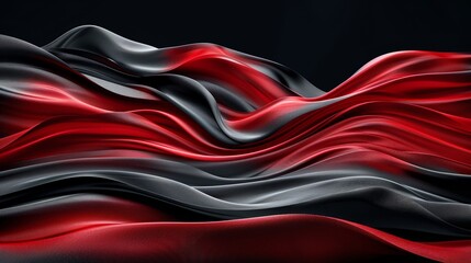 Smooth wavy shapes of abstract red and black satin fabric on a dark background